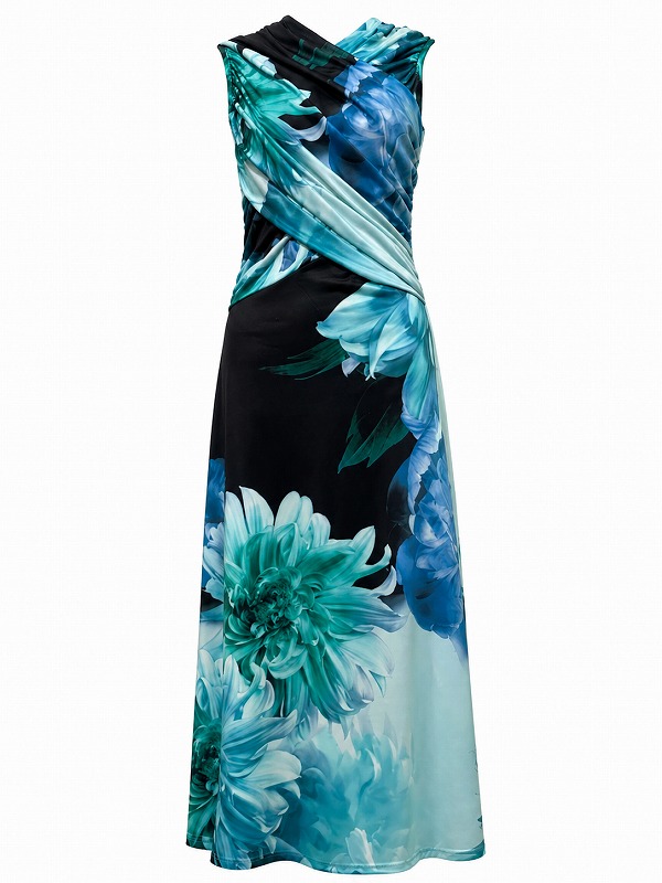 【新品DRESS 1630】花柄プリントクロスデザインミモレ丈フレアロングドレス ブラックグリーン【KAREN MILLEN】